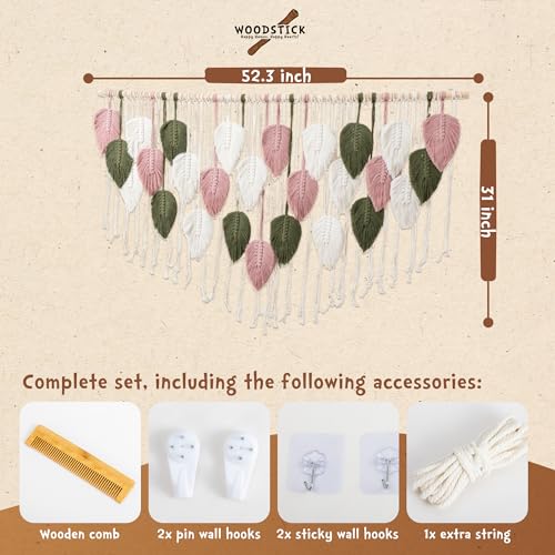 WOODSTICK Large Macrame Wall Hanging 52.3"W x 31"L - Boho Wall Decor in Beige, Old Pink & Green - Chic Woven Leaf Leaves Boho Tapestry, Handmade Cotton Fiber Art, Macrame Wall Décor, Bedroom Tapestry - size: 31"L x 52.3"W