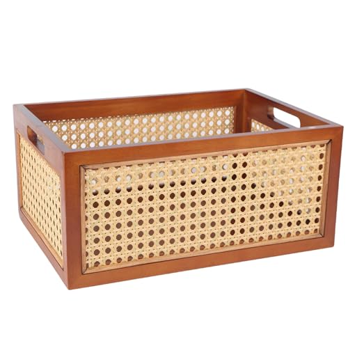 Wooden Storage Basket with Rattan Cane Webbing, Brown, Handles, Book, Office, Desktop Basket - size: Large