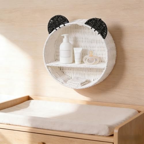 Panda Nursery Decor Wall Shelf, Handwoven Wicker Nursery Shelves for Wall, Wall Mounted Shelf for Small Books, Toys & Decor - color: White+Black
