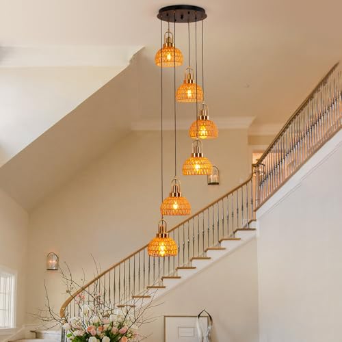 Modern Boho Gold Rattan Pendant Light 6-Lights Vintage Farmhouse Rattan Pendant Light Fixture Hand Woven Golden Bamboo Wicker Pendant Lights for Kitchen Stairwell, Entryway, Living Room - color: Gold 6-Lights