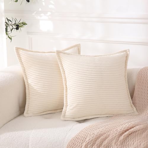 Corduroy Cream White Throw Pillow Covers Set of 2 Striped Boho Decorative with Edge Design,Super Soft Throw Pillow Cushion Covers for Couch Sofa Living Room Solid Square 18×18inch/45cm×45cm - color: Cream White, size: 18" x 18" (Pack of 2)