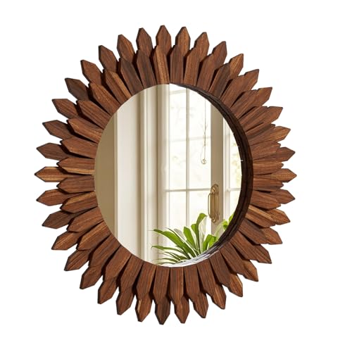 Boho Wood Sunburst Round Wall Mirror, 20 Inch Rustic Circle Wooden Frame Decorative Mirror for Farmhouse Coastal Home, Home Wall Decor for Living Room Entryway Bedroom, Walnut - color: Walnut, size: 20"L x 20"W