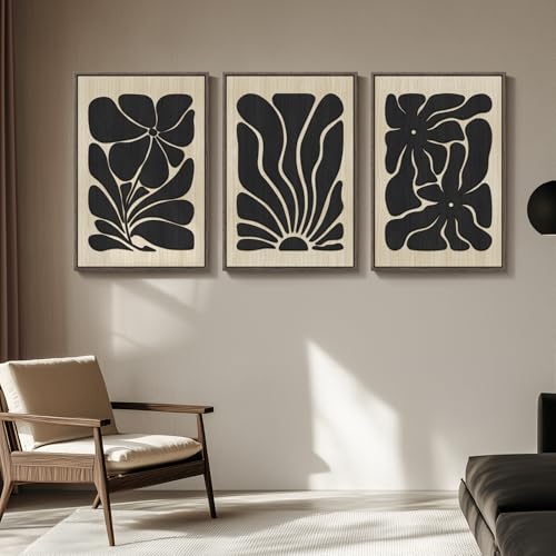Framed Textured Wood 3D Wall Art for Living Room, Large Boho Floral Black and Beige Artwork for Walls, 3 Piece Abstract Bohemian Flower Wood 3D Art for Office Bedroom Hallway Wall decor, 24x36 Inch - color: Black Beige, size: 24" W x 36" H x 3Pcs