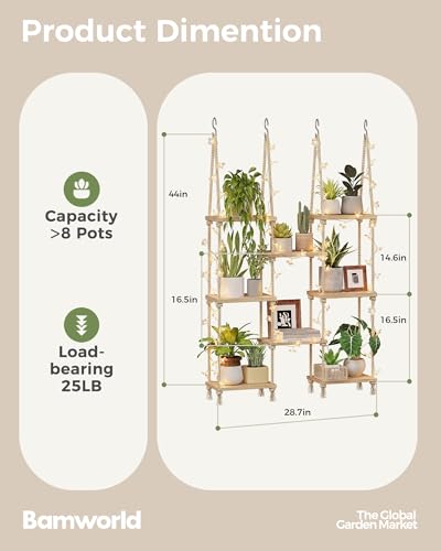 Bamworld Hanging Shelves 8Tiers with Light Plant Hanger Indoor Window Plant Shelves Wood Plant Wall Shelf Window Sill Plant Shelf Indoor Hanging Plant Stand Living Room Decor Garden Boho Decor - size: 8Tier,Light
