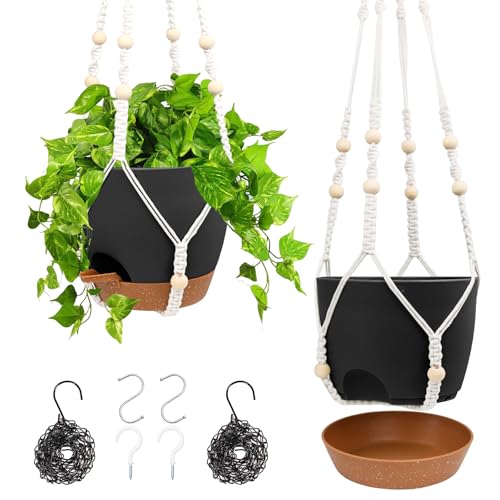 Vanslogreen Hanging Planters for Indoor Outdoor Plants, 2 Pack Self Watering Hanging Pots, Hanging Plant Baskets with Drainage Holes & 2 Types of Plant Hangers (Black, 6'') - color: Black+black, size: 6''