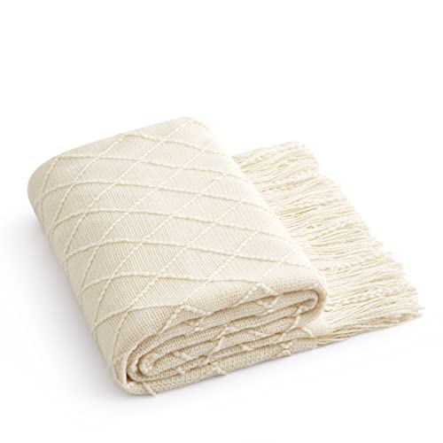 Acrylic Knitted Throw Blanket, Lightweight and Soft Cozy Decorative Woven Blanket with Tassels for Couch, Bed, Sofa, Travel, Suitable for All Seasons, 50 x 60 Inches, White - color: White