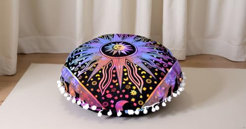 Multi Purple Burning Sun Round Mandala Floor Pillow Cover Seating Cushion Throw Cover Hippie Decorative Bohemian Ottoman Pouf Cover, Pom Pom Pillow Cases,Boho Indian 32 Inches - color: Multi Purple, size: 32" Round