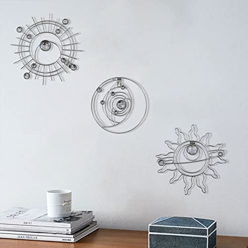 Silver Metal Wall Art, Abstract Sun Moon Star Decor, Modern Line Art Valentine Decorations, Mystical Star Circle Planet Handmade Wall Valentine Decor for Living Room Kitchen Office 9 inch - color: Multi Color