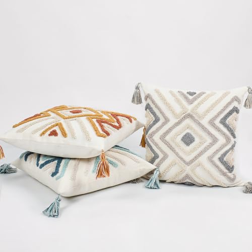 Boho Pillow Covers 18X18 Inch Boho Tufted Throw Pillow Covers Decorative Tassels Cushion Cover Farmhouse Pillow Case for Couch Sofa Bed Living Room Bedroom, Grey Netural - color: Boho Multi-grey, size: 18" x 18" (Pack of 1)
