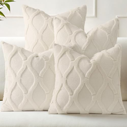 decorUhome Summer Set of 4 Beige Throw Pillow Covers 18x18 Inch, Neutral Decorative Soft Plush Faux Wool Couch Pillow Covers, Farmhouse Pillow Cases for Living Room Bed Sofa - color: Natural Beige, size: 18" x 18" (Pack of 4)