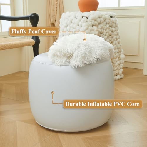 XeGe Fluffy Faux Fur Inflatable Pouf Ottoman, Soft Portable Shaggy Fuzzy Foot Stool Ivory, Plush Furry Foot Rest Floor Pouf Anti-Slip, Round Ottoman Cushion Living Room Bedroom Patio Dorm, Beige - color: Beige, size: 20"x20"x16"