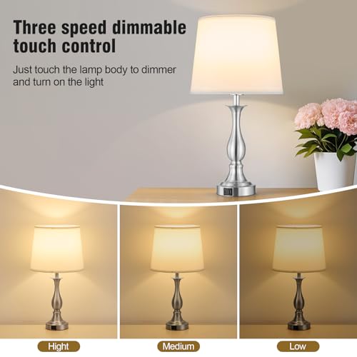Bedside Table Lamp Touch Control Bedroom Lamps with USB A + C Charging Port 3 Way Dimmable Touch Lamps for Nightstand Living Room Bedroom Dorm Home Office Reading, Set of 2 (White Shade & Nickel Base) - color: White Shade & Nickel Base