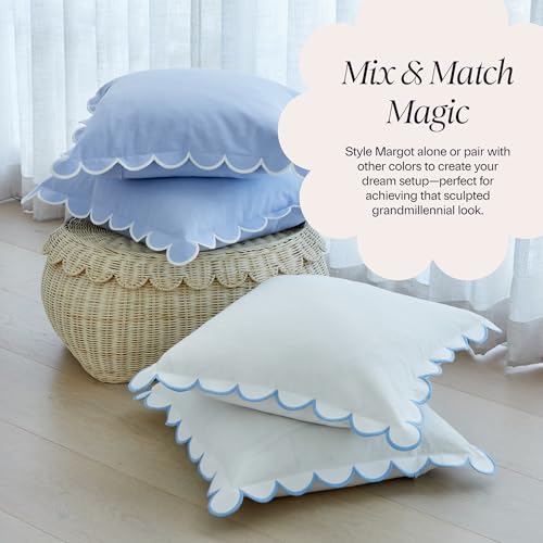 BEBE BASK Scalloped Pillow Cover - Set of 2-18 x 18 Inch - Scallop Pillow Cover – White and Blue Scalloped Pillows - Scallop Pillows - 100% Cotton - Grandmillennial Style (White/Blue) - color: White/Blue