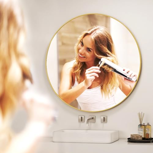 42 Inch Round Bathroom Mirror - Gold Wall Mounted Circle Mirror with Metal Frame, Modern Round Hanging Mirror Suitable for Bathroom, Vanity, Entryway, Living Room - color: Gold, size: 42"L x 42"W