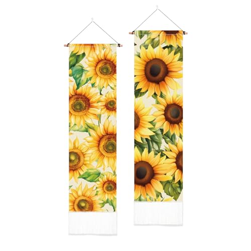 PLIGREAT 2 Pack Vertical Sunflower Wall Tapestry for Bedroom, Yellow Flower Tapestry with Tassels Aesthetic Wall Hanging for Living Room Bedroom Long Narrow Art Decor, 52" x 13" - color: yellow,green