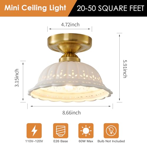Vintage Ceramic Semi Flush Mount Ceiling Light - 2 Pack, Gold Hallway Light Fixture, Mid Century Small Close to Ceiling Lamp，Unique Flush Lighting Fixtures for Entryway Laundry Room Kitchen Cottage - color: Porous ceramics-Gold