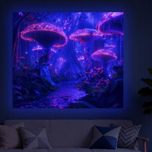 CRAFTYMELODY Mushroom Blacklight Tapestry Glow in the Dark Tapestry UV Reactive Neon Mushroom Forest Wall Hanging 59×51 Inch with Hook Self Adhesive Sticker Clip for Bedroom Home Wall Decoration - color: Mushroom