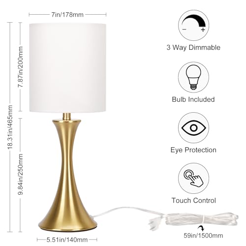 Gold Bedside Lamp Touch Control Table Lamp for Bedroom, 3-Way Dimmable Nightstand Lamp with White Shade, Modern Table Lamp for Living Room, Minimalist Desk Lamp for Dorm, Home, Office, Bulb Included - color: Gold Base with White Shade