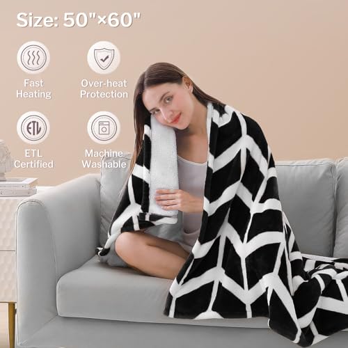 VENTIMI Electric Blanket Heated Throw, 50" x 60" Heated Blanket with 5 Heat Levels & 3 Hours Auto Off, Fast Heating Blankets with ETL & FCC Certification, Black - color: Black, size: Throw