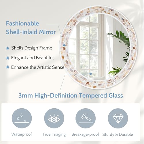 Tanmicoshomy Round Wall Mirror 30 Inch, Natural Brown Shell Framed Circle Mirrors with Tempered Glass for Bathroom Bedroom Living Room or Entrayway - color: Brown, size: 30"L x 30"W