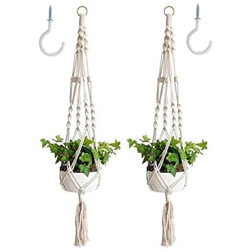 2 Pack Macrame Plant Hangers, Hanging Planters Indoor Outdoor Handmade Cotton Rope Hanging Plant Pot Durable Flower Pots Holder for Home Garden Balcony Ceiling Decorations with 2 Hooks(White) - style: Style5-2 Pack
