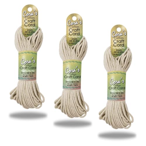 Cora's Cotton Macrame Cord | 2mm x 100ft 3-Pack | Braided Cotton Cord for Macrame | Macrame, DIY Crafts, Plant Hangers, Wall Hanging, Crochet | Durable, Long Lasting, Vibrant (Natural) - color: Natural