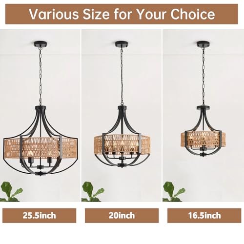 25.6" Large Rattan Farmhouse Chandelier, 6-Light Boho Black Modern Chandelier Light Fixture, Rustic Wicker Chandelier with Woven Shade for Dining Room, Living Room, Bedroom - color: V-Weave Round Rattan, size: Large 6 light 25.6 inches