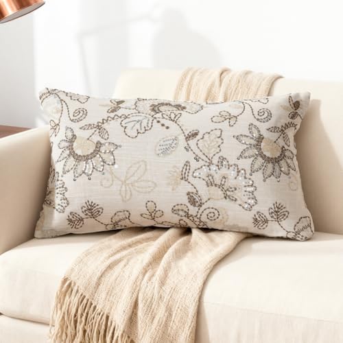 Floral Embroidered Lumbar Throw Pillow Cover 12x 20, Sequin Chinoiserie Flower Neutral Linen Pillow Cushion Cases, Farmhouse Decorative Pillows for Bed, Outdoor Couch White - color: White
