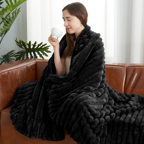 Amélie Home Faux Fur Throw Blanket for Couch, Cozy Fuzzy Fluffy Fur Luxurious Soft Striped Plush Gift Blankets for Family Sofa Chair Bedroom, 55"x70", Black - color: Striped Black, size: Throw(55"x70")
