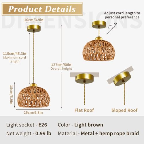 Boho Rattan Pendant Light, Adjustable Hanging Light Fixture with Natural Woven Shade, E26 Base Compatible for Kitchen Island, Bedroom, Living Room (Bulb Not Included) - color: 9.8”hemispherical shaped