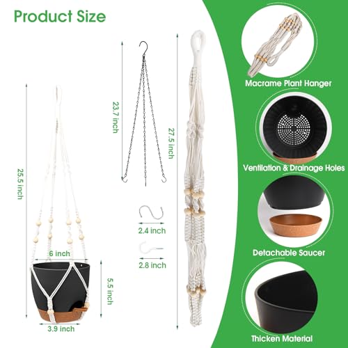 Vanslogreen Hanging Planters for Indoor Outdoor Plants, 2 Pack Self Watering Hanging Pots, Hanging Plant Baskets with Drainage Holes & 2 Types of Plant Hangers (Black, 6'') - color: Black+black, size: 6''