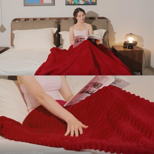 Red Sherpa Fleece Throw Blanket 50”×60” for Couch Sofa Bed,Double Side Soft Fuzzy Cozy Plush Thick Flannel Blanket with Striped Design Gift for Adults,Woman,Girls - color: Red, size: 50×60inch
