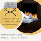 15" Foldable Foot Stool Ottoman with Metal Frame - Washable Faux Fur Grey Upholstered Indoor/Outdoor Footrest for Living Room, Bedroom, Patio - Space-Saving Compact Design - color: Fleece-grey
