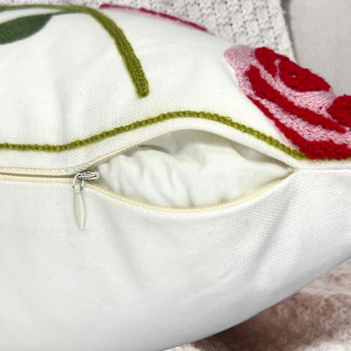 Alysheer Set of 2 Floral Embroidered Decorative Throw Pillow Cover 18" x 18" inches, Farmhouse Cottage Embroidery Red Rose Pattern Cotton Cushion Case for Sofa Couch Bed Living Room Outdoor Decor - color: Rose Red, size: 18" x 18" (Pack of 2)
