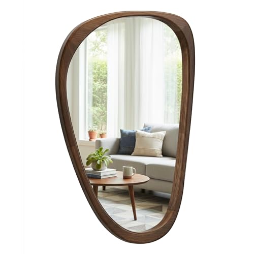 Solid Wood 36"x24" Retro Mid-Century Asymmetrical Wall Mirror, Irregular Wooden Wall-Mounted Mirror, Sculptural Bathroom Vanity Mirror for Living Room & Sideboard, Dark Walnut - color: Dark Walnut, size: 36"L x 24"W