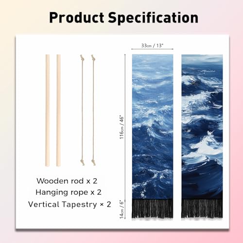 PLIGREAT 2 Pack Ocean Sea Long Tapestry Blue Narrow Vertical Hanging with Tassels Oil Painting Ocean Wall Tapestry for Bedroom Bathroom Living Room Long Walls Hanging Home Art Decor Housewarming Gift - color: Blue and White