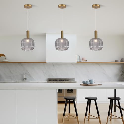 BOKT Modern 1-Light Gold Globe Pendant Light Mid Century Smoke Gray Ceiling Pendant Lighting Glass Ball Round Pendant Lamp Single Brushed Brass Pendant Light Fixture Kitchen Island (Smoke Gray) - color: Smoke Gray
