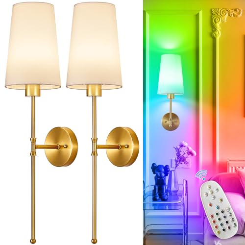 Depuley Battery Operated Wall Sconce: 27" Set of 2 Wireless Wall Lights with Remote for Bedroom - Rechargeable 15 Colors Gold Wall Lamp for Living Room Hallway Decor - color: Gold, size: 27 Inch Set of 2