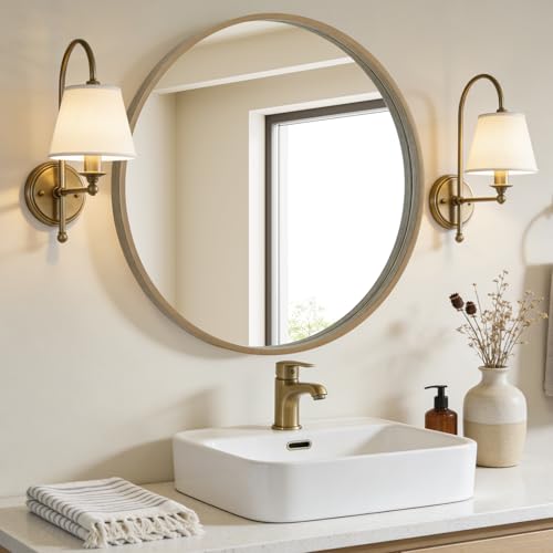 WallBeyond Round Wood Mirror 28" Circle Wall Mirror for Bathroom Round Wall Mirror for Wall Decor, Vanity, Entryway Living Room, Honey - color: Honey, size: 28"L x 28"W