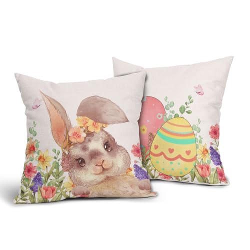 Happy Easter Pillow Covers 16x16 Inches Easter Bunny Rabbit Throw Pillow Case Set of 2 Colorful Eggs Pillow Cover Cotton Linen Spring Floral Cushion Cover for Home Couch Sofa Bedroom Livingroom - color: Easter Bunny231123, size: 16" x 16" (Pack of 2)