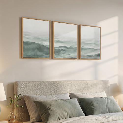 Framed Pastel Green Landscape Wall Art Bedroom, 3 Piece Minimalist Misty Mountain Scenery Canvas Artwork for Walls, Sage Green Paintings Prints Wall Decor for Living Room Home Office, 12x16 Inch - color: Pastel Green