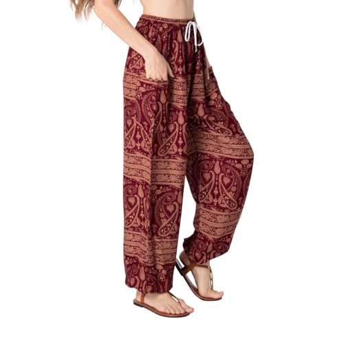 Tranquil Threads Women's Harem Pants with Pockets and Drawstring, Hippie Boho Yoga Clothes - color: Maroon Whisper, size: X-Small
