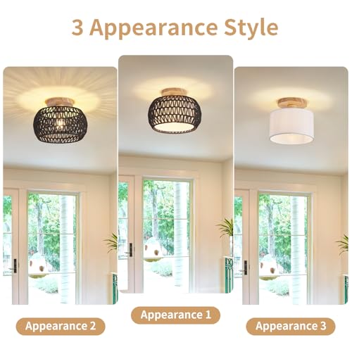Boho Rattan Ceiling Light Fixture - 3 Style Options Wicker Semi Flush Mount Ceiling Lights,Black Bohemian Woven Basket Chandelier,Coastal Light Fixtures for Hallway Bedroom Nursery Playroom Laundry - color: Black
