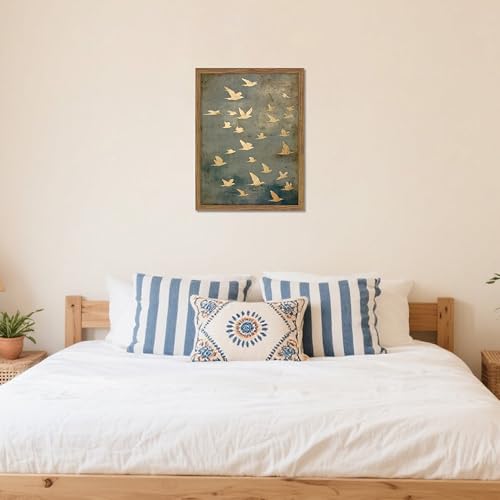 Framed Flock of Birds Canvas Wall Art, Vintage Minimalist Abstract Landscape Painting, Neutral Gold Birds Spiritual Wall Decor, Modern Aesthetic Pictures for Bedroom Living Room 8x10 inch - color: Flying pigeons, size: 10"L x 8"W