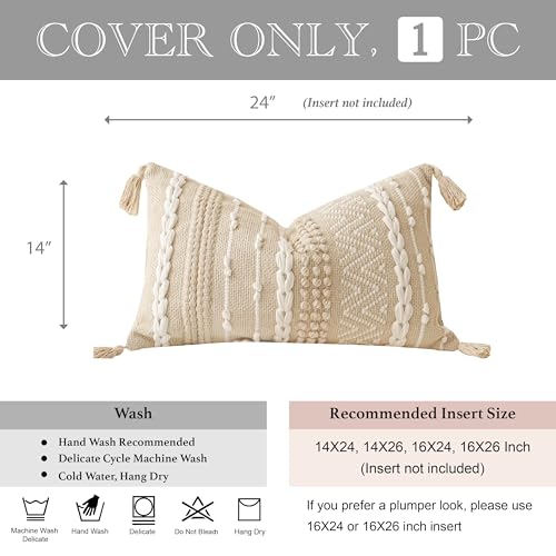 BlissBlush Decorative Lumbar Pillow Cover 14x24, Cream White Boho Accent Throw Pillow Case for Couch Sofa Bed, Modern Farmhouse Textured Lumbar Cushion Bedroom Living Room, Cover ONLY - color: Cream White, size: 24" x 14" (Pack of 1)