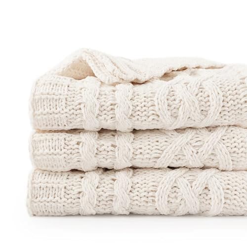 Battilo Cream White Ivory Throw Blanket for Couch, 51x 67 Inch, Woven Chenille Knit Throw Blanket for Chair, Super Soft Warm Decorative Textured Throw Blanket for Bed, Sofa and Living Room. - color: Ivory