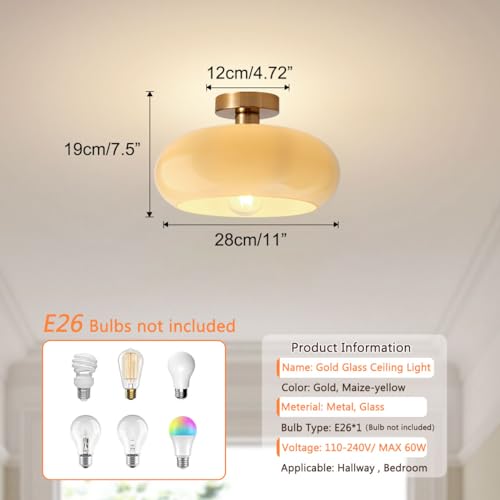 Brass Flush Mount Ceiling Light Mid Century Modern Ceiling Light fixtures Brushed Gold Milk Yellow Glass Semi Flush Mount Ceiling Light Farmhouse Hallway Dining Room Ceiling Lamp - color: Flush- Milk yellow