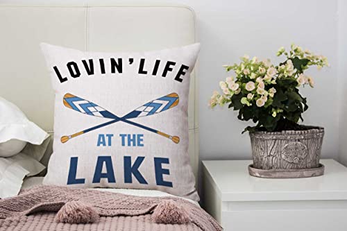 Nphuriy Black Blue Word Art Quote Loving Life at The Lake Wooden Paddle Oar Summer Decorative Throw Pillow Cover Case Cushion Home Living Room Bed Sofa Car Cotton Linen Square 16 x 16 Inches - color: Multi 32