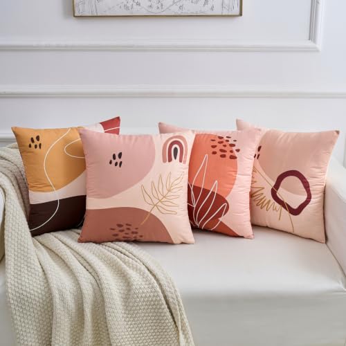 Boho Throw Pillow Covers 18x18 Set of 4 Terracotta Blush Minimalist Abstract Art Cushion Covers with Hidden Zipper, Soft Polyester Double Sided Print, Machine Washable, No Inserts - color: Warm Brown, size: 18" x 18" (Pack of 4)