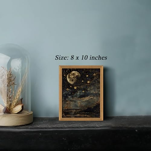 ICHZUMW Moon and Stars Celestial Canvas Wall Art, Mystical Moody Night Sky Poster Prints, Vintage Witchy Dark Academia Wall Decor, Framed Eclectic Gothic Home Decor for Desk Bedroom Bathroom, 8x10in - color: Moonlit Stars, size: 10"L x 8"W